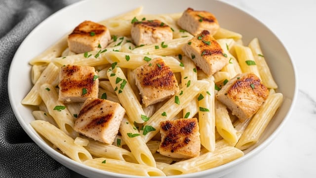 A bowl filled with creamy penne pasta and pieces of grilled chicken, all coated in a smooth white sauce with visible herbs like parsley sprinkled evenly on top. The penne pasta is tender and light yellow, contrasting with the golden-brown seared spots on the chicken chunks. The dish is served in a white bowl, placed on a white marbled surface, with a grey cloth visible to the side. photo taken with an iphone --ar 4:5 --v 7