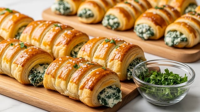 A close-up of several golden-brown croissant-shaped pastries arranged in rows on a wooden board, each pastry showing multiple flaky, layered folds on the outside with a shiny, crisp topping. Inside, the pastries are filled with a mix of creamy white cheese and dark green leafy spinach, visible through the swirled layers. The texture on the outside is crunchy and slightly glossy, while the filling looks soft and moist. The image background is a soft white marbled texture. photo taken with an iphone --ar 4:5 --v 7