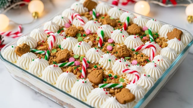 The image shows a rectangular glass dish filled with a festive layered dessert. The top layer is covered with white whipped cream piped in swirled dollops along the edges and center. Scattered on the whipped cream are broken pieces of gingerbread cookies, red and white candy cane sticks cut into small pieces, and colorful round sprinkles in green, red, and pink. There are also some light brown crumbly bits and tiny red and green striped candy sticks spread evenly. The dish is placed on a white marbled surface, and Christmas decorations with warm lights create a cozy background. Photo taken with an iphone --ar 4:5 --v 7