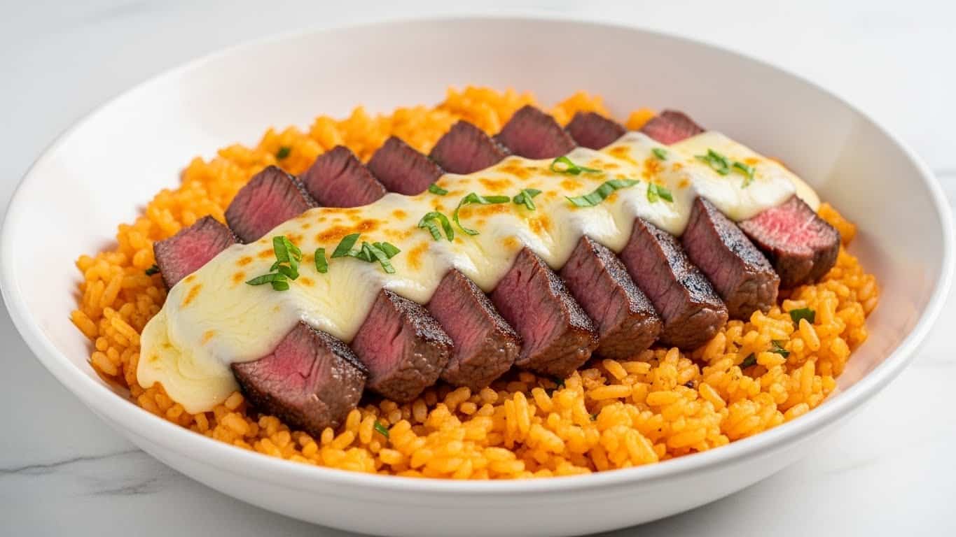 A wide white bowl holds a base layer of bright orange seasoned rice, with its grains fluffy and separate. On top of the rice, there are thick slices of medium-rare grilled steak, showing a pink center and browned edges, spread evenly across the surface. Melted cheese with a creamy white and slightly golden yellow mix covers part of the steak, melted in a way that it clings to the meat and rice below. Small green herb pieces are sprinkled lightly on top, adding a fresh touch to the dish. The bowl sits on a white marbled texture surface. photo taken with an iphone --ar 4:5 --v 7