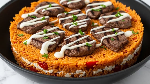 The dish is layered in a black pan, with the bottom layer made of orange-colored rice mixed with small chunks of red tomatoes. On top, there are several pieces of grilled brown beef arranged evenly. White sauce is drizzled over the beef pieces in thin lines, and green chopped herbs are sprinkled across the whole dish, adding color contrast. The background shows a white marbled texture under the pan. photo taken with an iphone --ar 4:5 --v 7