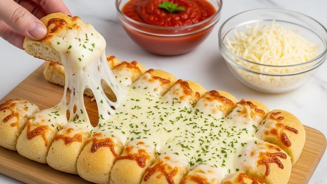The image shows a close-up of a stack of cheese breadsticks, arranged in a slightly angled pile on a wooden board. Each breadstick has a thick, soft inside visible at the ends, covered by a golden, crispy outside sprinkled with green herbs. The top breadstick is pulled apart, with melted white cheese slowly stretching between the two pieces. In the background, there is a small white bowl filled with bright red marinara sauce, placed on a white marbled texture surface. Photo taken with an iphone --ar 4:5 --v 7