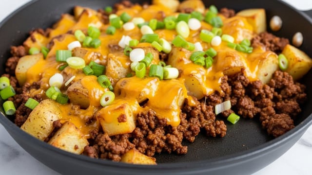 In a close-up view, a black skillet is filled with a layered dish starting with browned ground beef mixed with spices as the base layer. On top, there are soft, golden-brown potato chunks evenly spread across, with a melted layer of yellow cheese covering parts of the beef and potatoes. Bright green chopped scallions are sprinkled on the top, adding a fresh burst of color. The textures show a mix of juicy meat, tender potatoes, gooey cheese, and crisp scallions. The skillet rests on a white marbled surface. photo taken with an iphone --ar 4:5 --v 7