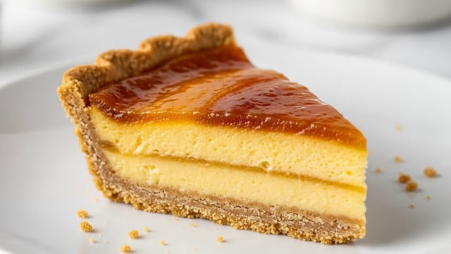 A close-up of a single slice of pie on a white plate with a few crumbs scattered around. The pie has three visible layers: a thin, crumbly golden-brown crust at the bottom, a thick, smooth, translucent yellow filling in the middle, and a glossy, slightly darker amber layer on top with a shiny texture. The edges of the crust are slightly raised and crimped. The background features a white marbled texture with soft focus kitchen elements. Photo taken with an iphone --ar 4:5 --v 7