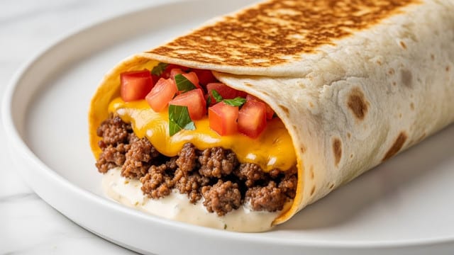 A close-up of a burrito with a browned, toasted outer tortilla layer wrapping a filling. Inside, there is a layer of melted yellow cheese mixed with browned, cooked ground meat. On top of the meat, there are small cubes of red tomatoes and a touch of green herbs. A creamy white sauce or sour cream is visible near the bottom edge, slightly oozing out. The burrito is placed on a round white plate, set against a white marbled surface. photo taken with an iphone --ar 4:5 --v 7