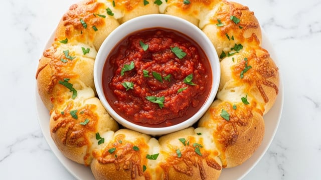 A close-up of a baked pepperoni roll showing a golden-brown crust with a slightly crispy texture on top, filled inside with a layer of melted white cheese that stretches out, and round slices of reddish-brown pepperoni visible beneath the cheese. Small green herbs are sprinkled on top, adding a fresh touch. The roll is placed in a white bowl set on a white marbled surface. photo taken with an iphone --ar 4:5 --v 7
