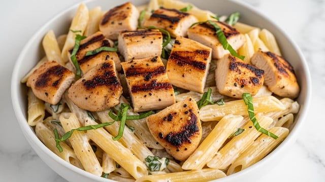 A close-up of a bowl filled with penne pasta coated in creamy white sauce, mixed with grilled chicken pieces that are golden brown with slight char marks. Scattered throughout are small green basil leaves, adding a fresh touch of color. The bowl is white with a subtle grey inner surface and the dish sits on a white marbled texture. The pasta, chicken, and sauce create a layered look with the chicken pieces sitting on top and mixed evenly in the creamy pasta. photo taken with an iphone --ar 4:5 --v 7