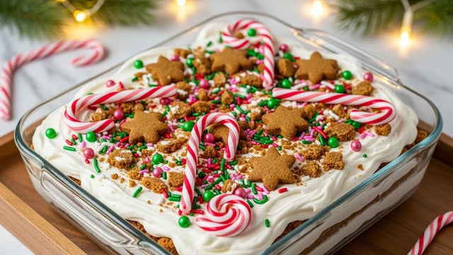The image shows a glass rectangular dish filled with a festive dessert. The top layer is thick white whipped cream decorated with green and red round sprinkles, pink and red small round sprinkles, and long colorful sprinkles. On top, there are crushed gingerbread cookies broken into small and medium pieces, and small whole gingerbread cookies shaped like stars. Swirled red and white candy canes are scattered across the surface, adding a striped pattern. The dessert is set on a wooden tray with soft yellow Christmas lights and pine tree branches blurred in the background, all on a white marbled surface. Photo taken with an iphone --ar 4:5 --v 7