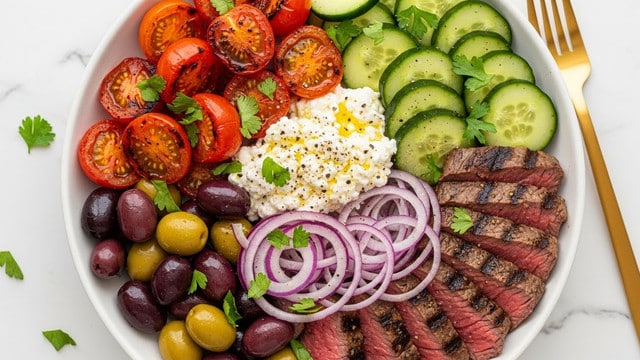 A white bowl on a white marbled surface holds a colorful dish with multiple layers arranged around the center. At the top are grilled cherry tomatoes showing bright red and orange tones with char marks. To the right of the tomatoes, thick slices of green cucumber with a fresh texture line the edge. Next is a small mound of white, creamy cottage cheese with olive oil drizzled on top and black pepper sprinkled over it. Below the cheese, thin rings of red onion add a vibrant purple color. At the bottom right, several slices of medium-rare grilled steak display dark grill lines and a pink center. On the left side, a mix of green and purple olives is scattered, some shiny and some matte. Fresh green herbs are sprinkled over the dish, enhancing the colors. A gold fork is placed next to the bowl. Photo taken with an iphone --ar 4:5 --v 7
