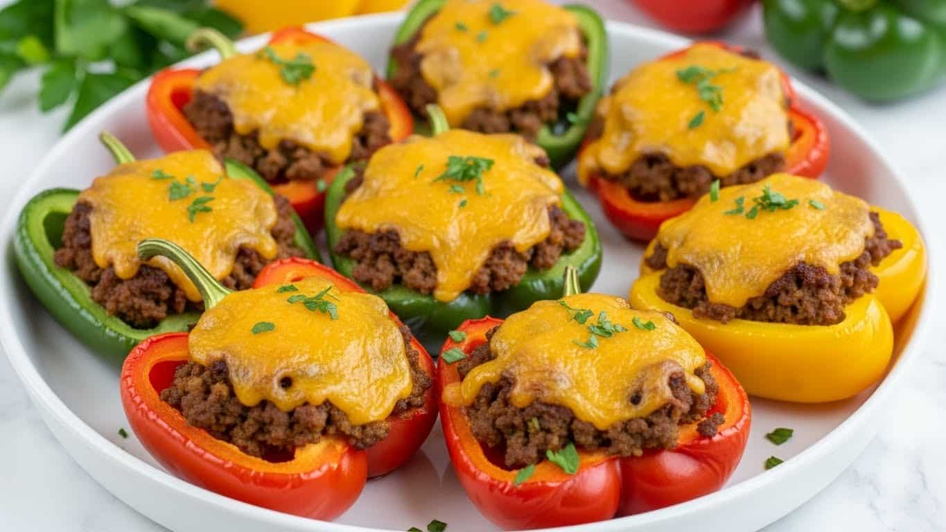 A white round dish holds seven stuffed bell peppers, each cut in half horizontally. The peppers have bright colors — red, green, and yellow — forming the base layer. Each pepper half is filled with a crumbly brown meat mixture as the second layer, topped with melted golden-yellow cheddar cheese that is bubbly and slightly browned, creating the third layer. Finely chopped green herbs sprinkle across the cheese for a fresh touch. The dish rests on a white marbled surface with some green leaves and colorful peppers blurred in the background. photo taken with an iphone --ar 4:5 --v 7
