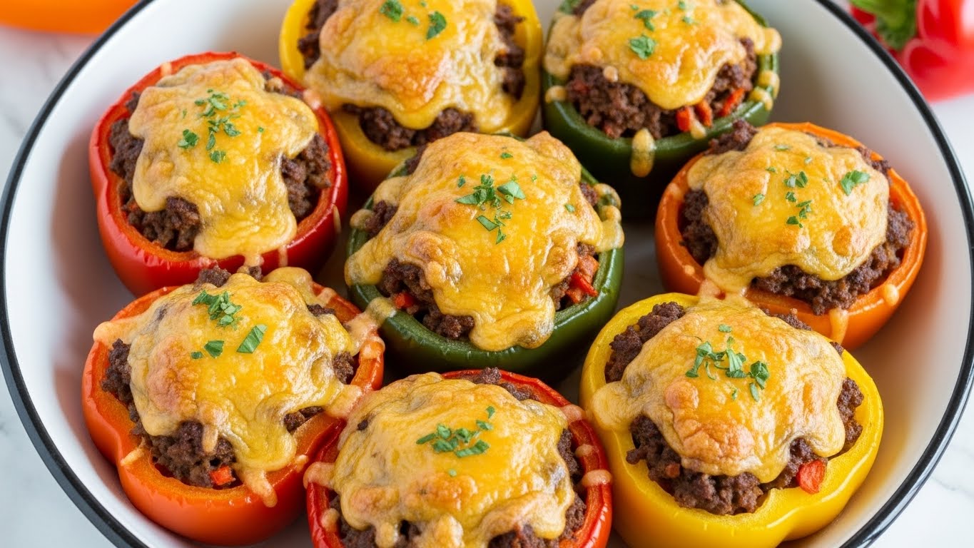 Seven stuffed bell peppers sit in a large white bowl with a black rim, arranged closely together. Each pepper’s top is open, showing a mix of browned ground meat and finely chopped vegetables, all covered with thick, melted golden-yellow cheese that glistens and bubbles. The peppers are in red, yellow, and green colors, providing a bright contrast to the creamy cheese layer. Small green herb pieces are sprinkled over the cheese, adding a fresh touch. The bowl rests on a white marbled surface, and parts of red and orange peppers are visible in the background. Photo taken with an iphone --ar 4:5 --v 7