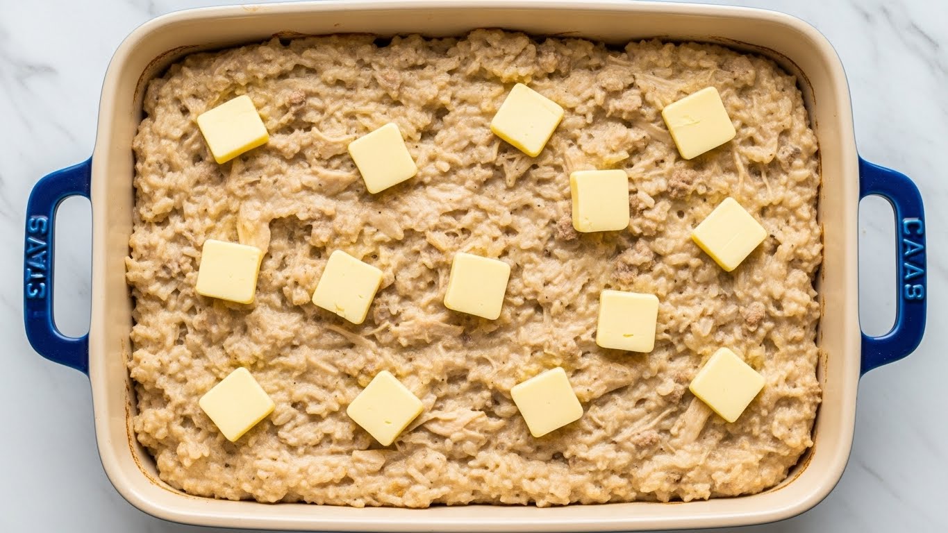 A rectangular baking dish filled with a thick, creamy, beige mixture that contains chunks of light brown meat spread evenly throughout. On top of this mixture, there are fifteen small, evenly spaced squares of pale yellow butter. The dish has dark blue handles on each side, and the surface underneath is a white marbled texture. Photo taken with an iphone --ar 4:5 --v 7