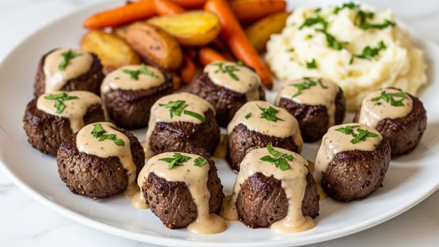 The image shows a white plate filled with about 11 small, browned beef medallions with a creamy beige sauce on top, sprinkled with finely chopped green herbs. The beef has a seared texture with visible pepper specks and the sauce has a smooth, glossy look, pooling slightly at the base of the medallions. Behind the beef, there are roasted orange carrots and golden brown fingerling potatoes on one side, and a mound of fluffy mashed potatoes topped with chopped green herbs on the other side. The plate sits on a white marbled surface. photo taken with an iphone --ar 4:5 --v 7