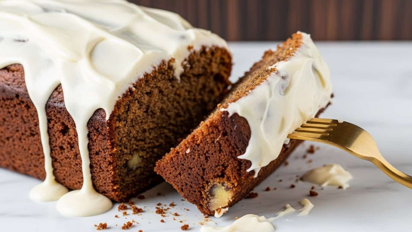 A close-up of a moist banana bread loaf with a thick layer of creamy white frosting spread unevenly over the top. The bread has a rough textured surface with visible chunks of banana and a golden brown crust. One thick slice is cut and held slightly lifted by a gold fork, showing the soft and dense inside, with the frosting dripping over the edges and pooling below. The bread sits on a white marbled surface, and the background has a dark wood texture. photo taken with an iphone --ar 4:5 --v 7