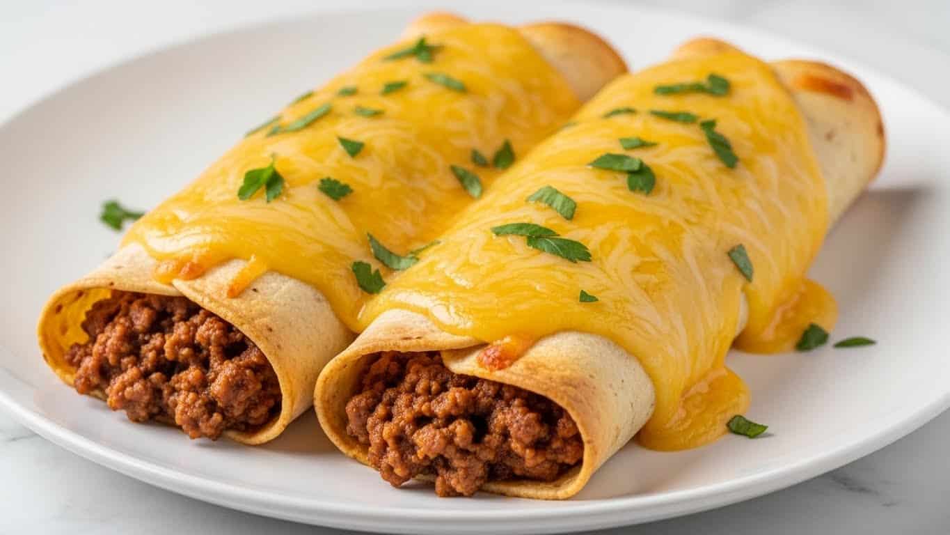 Two rolled enchiladas sit side by side on a white plate, each filled with seasoned ground beef that peeks out from their open ends. The enchiladas are covered with melted yellow cheese that looks smooth and slightly browned in some spots. Fresh green chopped herbs are sprinkled on top for color contrast. The plate rests on a white marbled surface. The texture of the enchiladas appears soft and slightly crispy at the edges. Photo taken with an iphone --ar 4:5 --v 7