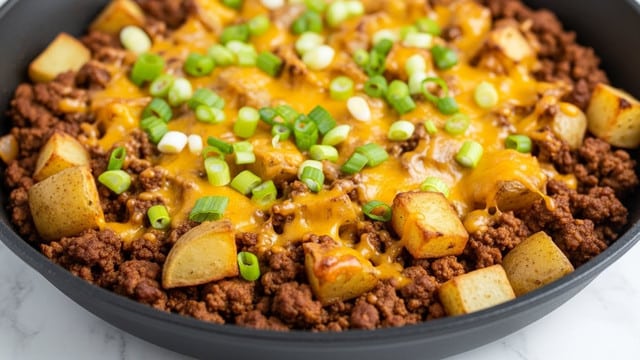 The image shows a black skillet filled with several layers of cooked food. The bottom layer is soft, golden brown gnocchi, lightly browned and crispy on the edges. Above the gnocchi is a thick, dark brown meat sauce that covers the gnocchi partially and looks rich and chunky. Small green chopped herbs are sprinkled on top, giving a touch of fresh color. The skillet rests on a white marbled surface, and the whole dish looks hot and ready to eat, with steam slightly visible. photo taken with an iphone --ar 4:5 --v 7