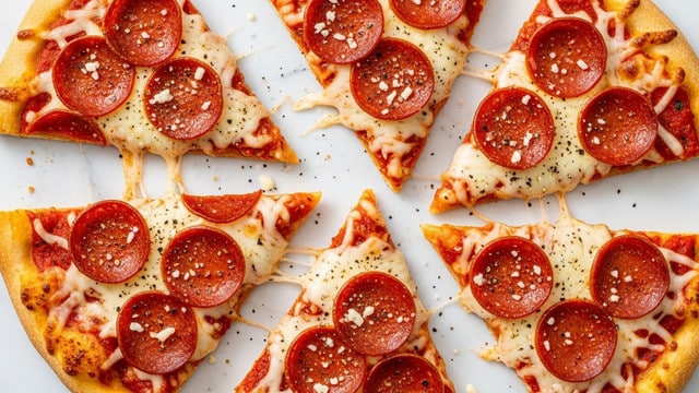 Several slices of thin-crust pepperoni pizza are spread out on a white marbled surface. Each slice has a golden-brown crust topped with melted white and light brown cheese, rich red tomato sauce, and round, slightly crisp pepperoni pieces with a reddish-orange hue. The pizza slices are sprinkled with small white grated cheese bits and black pepper, creating a textured and flavorful look. The cheese appears gooey in some areas and slightly browned in others, adding depth to the image. photo taken with an iphone --ar 4:5 --v 7