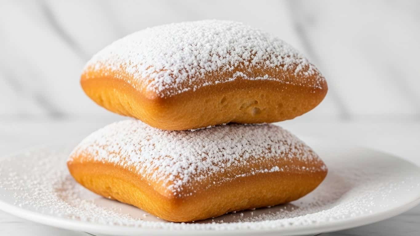 Two square-shaped, golden-brown beignets are stacked on top of each other on a white plate. Each beignet has a light, airy texture with a slightly crispy outside, and they are covered with a thick layer of white powdered sugar that dusts the plate beneath them. The background is a soft-focused white marbled texture, adding a clean and bright setting for the warm pastries. photo taken with an iphone --ar 4:5 --v 7