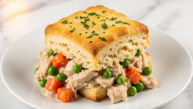 A white plate holds a single square biscuit with a golden-brown, slightly crispy top, sprinkled with small green herb pieces. Beneath the biscuit, there is a thick creamy layer filled with visible chunks of shredded chicken, bright orange carrots, and vibrant green peas in a rich sauce. The biscuit looks fluffy and soft inside, showing delicate layers. The background surface is a white marbled texture with warm lighting that highlights the dish’s comforting and hearty feel. photo taken with an iphone --ar 4:5 --v 7