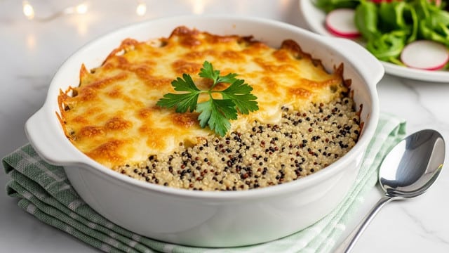 A white round casserole dish holds a baked quinoa casserole with two main layers; the bottom layer is cooked quinoa with a light beige color and small black quinoa seeds mixed throughout, while the top layer is a melted cheese crust with a golden brown color and slightly crispy texture. Fresh green parsley leaves garnish the center of the cheese layer. The casserole sits on a folded light green and white cloth on a white marbled surface, with a shiny silver spoon resting nearby. The background is softly blurred with warm lights and a white plate of salad with greens and sliced radishes. Photo taken with an iphone --ar 4:5 --v 7