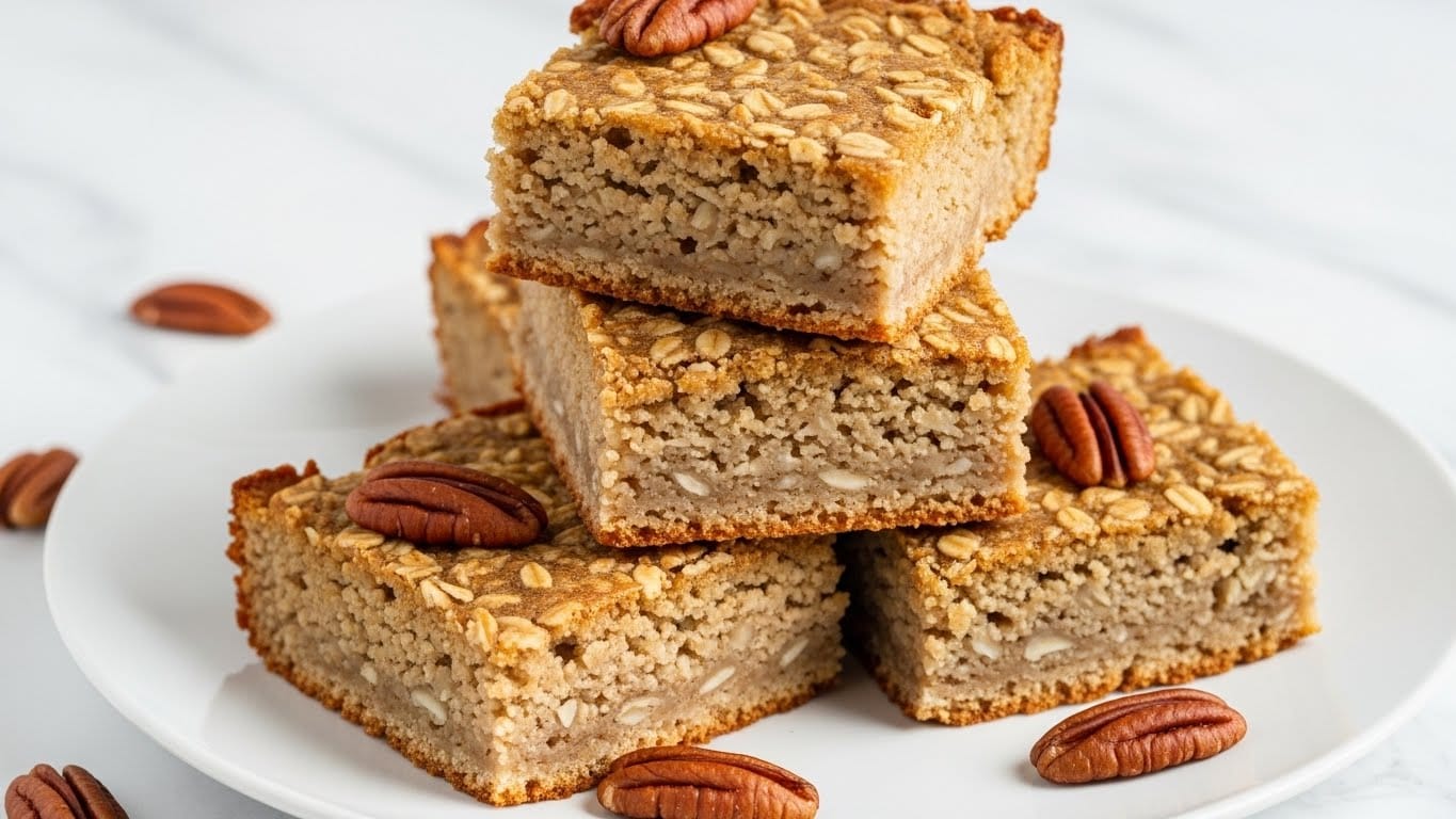 The image shows four square pieces of a golden-brown baked dish stacked on a white plate. Each piece has a slightly rough texture on top with small visible bits, and there are a few pecan halves placed on and around the squares, adding a rich brown color contrast. The plate rests on a white marbled surface, and the lighting highlights the moist inside and crisp outside edges of the squares. photo taken with an iphone --ar 4:5 --v 7