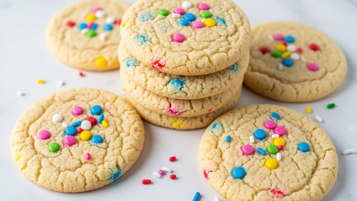 A stack of seven round sugar cookies, each with a light beige color and a soft, slightly cracked texture on the surface. They are topped with small, round, colorful sprinkles in various bright shades like blue, pink, red, white, yellow, and green, scattered unevenly on the top of each cookie. Some sprinkles are also scattered around the cookies on a white marbled surface. The cookies overlap each other loosely with five mostly visible and two partially hidden underneath, showing their thickness and soft edges. photo taken with an iphone --ar 4:5 --v 7