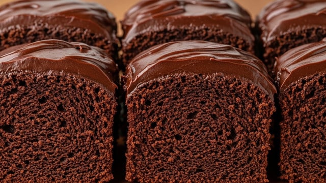 A close-up view of three thick slices of chocolate cake with a dark, moist texture. Each slice has one visible layer of smooth, glossy dark chocolate frosting spread evenly on top, creating a rich shiny surface. The cake texture appears soft and dense with small air holes inside. The slices are placed close together on a wooden surface. photo taken with an iphone --ar 4:5 --v 7