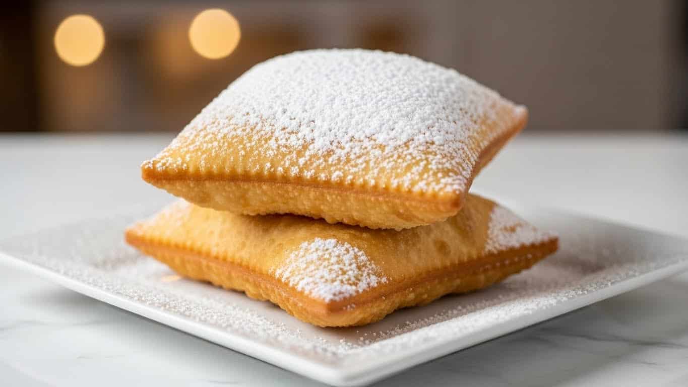 Two golden brown, square-shaped fried pastries are stacked on a white square plate, each with a slightly puffy texture and soft edges. The top pastry is fully dusted with a thick layer of white powdered sugar, which also lightly covers the plate around them. The background shows a soft blurred scene with warm light, and the surface beneath the plate has a white marbled texture. photo taken with an iphone --ar 4:5 --v 7