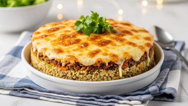 A white ceramic round baking dish filled with a two-layer baked casserole sits on a white marbled surface. The bottom layer is a mix of cooked grains and vegetables with a beige and light green color, showing a crumbly texture. The top layer is a thick, golden-brown melted cheese crust with small browned spots, giving a bubbly and slightly crispy appearance. A small bunch of fresh green herbs, likely parsley, is placed on top as garnish. A folded blue and white cloth is under the dish, and a spoon is nearby on the surface. In the background, there is a blurred white bowl with green salad and soft glowing lights. Photo taken with an iphone --ar 4:5 --v 7