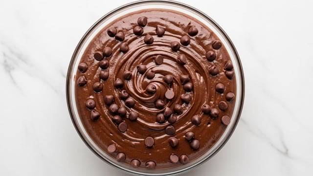 A clear bowl filled to the top with thick, rich chocolate mousse that has a glossy, slightly rough texture. The mousse is dark brown and creamy with small, round chocolate chips scattered unevenly mixed throughout the surface. The bowl rests on a white marbled surface, creating a clean and simple look. photo taken with an iphone --ar 4:5 --v 7