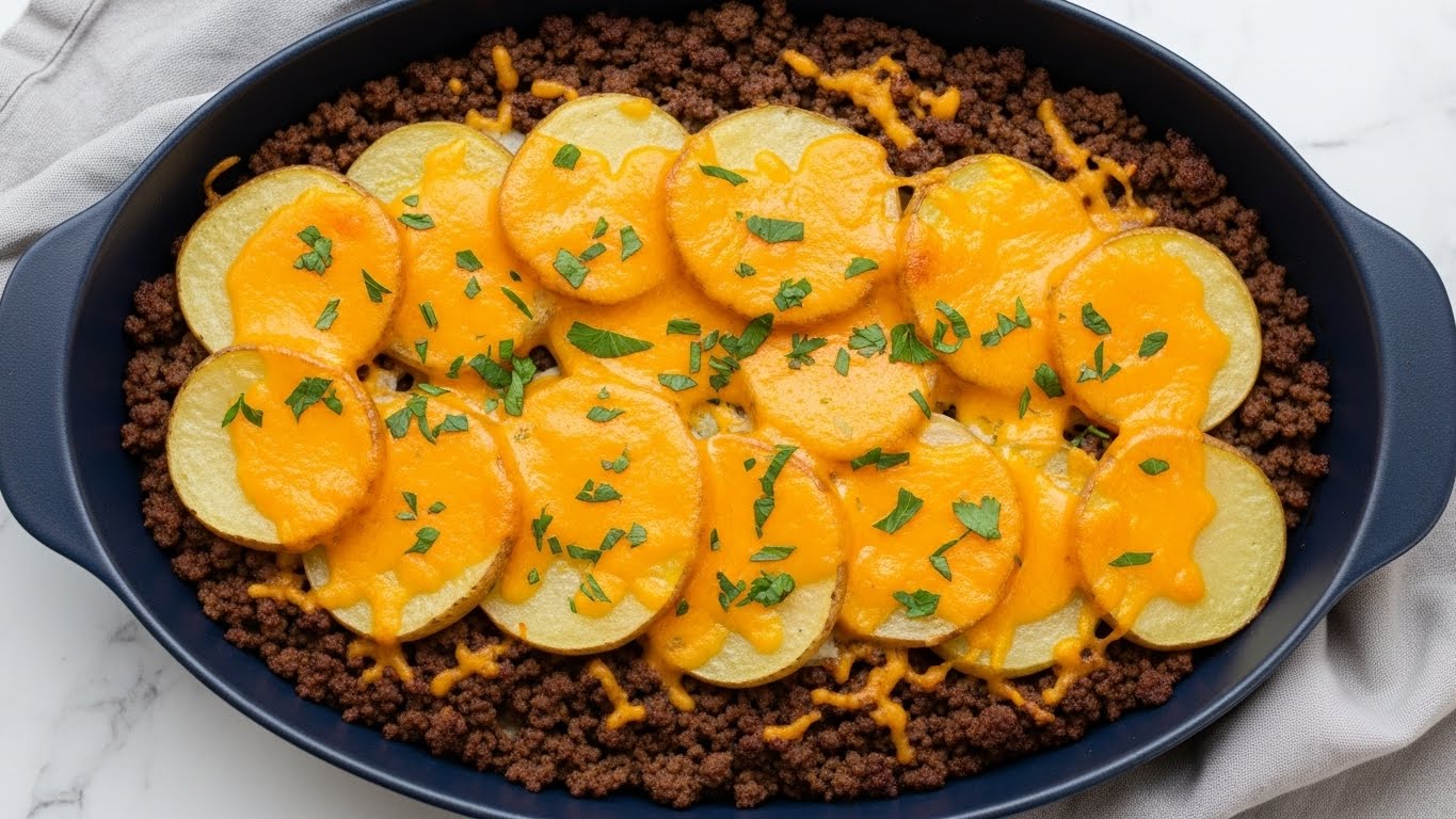 The dish is a baked casserole served in a dark blue oval pan placed on a white marbled surface. The bottom layer consists of cooked ground beef, dark brown and crumbly, covering the pan evenly. On top of the beef, there is a layer of thick potato slices with a soft yellow color and a slightly crispy edge, arranged to overlap each other. The top layer is melted cheddar cheese, bright orange and gooey, spread generously and bubbling in some spots, covering the potatoes and beef. Small pieces of chopped green herbs are sprinkled evenly over the cheese, adding a fresh contrast in color. The pan rests on a light gray cloth, enhancing the warm and hearty feel of the dish. photo taken with an iphone --ar 4:5 --v 7