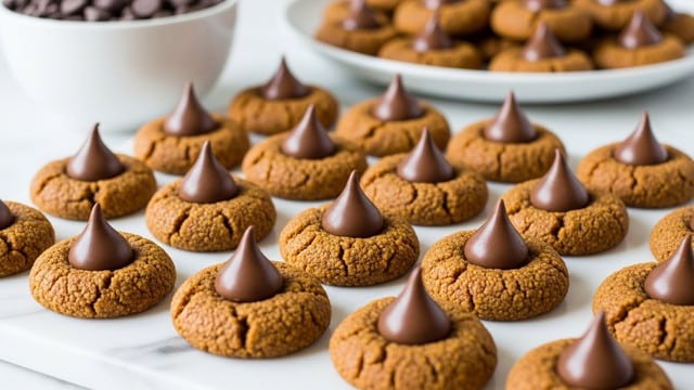 The image shows many small round cookies with a rough texture and a warm brown color, each topped with a smooth, dark brown chocolate kiss in the center. The cookies are placed on a smooth flat surface with a white marbled texture, arranged closely together in rows. In the background, there is a white plate also filled with these cookies, along with a white bowl filled with small dark chocolate chips to the left side. The scene is bright and clean, emphasizing the contrast between the warm brown cookies and the dark chocolate pieces. photo taken with an iphone --ar 4:5 --v 7