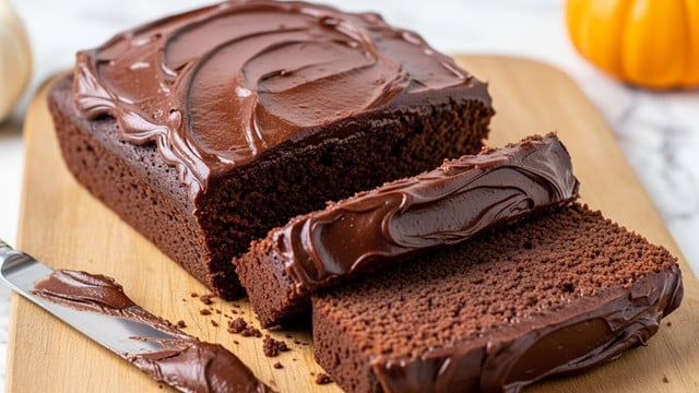A rectangular chocolate cake loaf with thick, glossy dark chocolate frosting on top and around, sliced into four parts. Each slice shows a rich, moist, and dense dark brown cake layer covered generously with smooth, shiny dark chocolate cream that looks soft and luscious. The cake sits on a wooden board with visible wood grain texture, and there is a silver knife with some chocolate frosting on its blade placed beside the cake. The background is a white marbled texture with a small, blurred orange pumpkin in the corner. Photo taken with an iphone --ar 4:5 --v 7