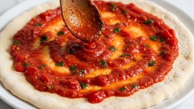 A close-up view of a pizza dough with a rough, light beige surface spread with a bright red tomato sauce that has visible small tomato chunks and green herb pieces, spread unevenly on the dough covering most of the flat circle, while a wooden spoon pours more sauce over the center, all placed on a white plate with a white marbled texture beneath. photo taken with an iphone --ar 4:5 --v 7