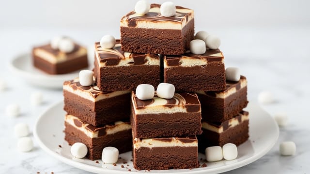 A stack of rich chocolate fudge squares is shown on a white plate, all neatly cut into thick, even pieces. Each piece has two visible layers: a dense, smooth dark brown chocolate base and a shiny top layer with white and dark chocolate swirls forming a marble pattern. Scattered small white marshmallows sit on top and around the stack, adding a soft contrast to the deep chocolate color. The plate sits on a surface with a white marbled texture, and the image is focused closely to capture the smooth and creamy texture of the fudge along with a few chocolate crumbs around the plate. photo taken with an iphone --ar 4:5 --v 7