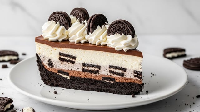 A slice of cookies and cream pie is shown on a white plate with a white marbled texture background. The pie has four distinct layers: a dark, crumbly chocolate cookie crust on the outside edge, a thick creamy white filling with chunks of dark chocolate cookies mixed inside, a thin smooth milk chocolate layer on top of the filling, and a border of white whipped cream swirls decorated with small chocolate sandwich cookies on top. Some broken cookies and crumbs are scattered around the plate. Photo taken with an iphone --ar 4:5 --v 7