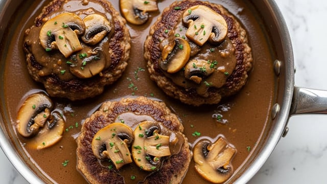 The image shows a close-up of three thick, round meat patties in a shiny silver pan filled with rich brown mushroom sauce. On top of each patty, there are several slices of cooked mushrooms that are light brown and soft in texture, mixed into the glossy sauce that covers the patties and pools around them. Small bits of green herbs are sprinkled lightly over the patties and sauce, adding a touch of color contrast. The background is a white marbled texture. photo taken with an iphone --ar 4:5 --v 7