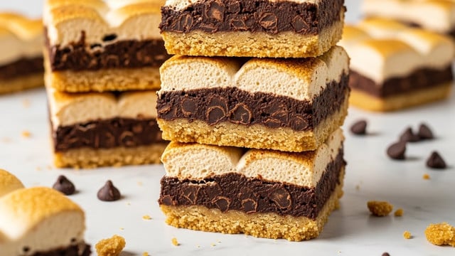 A close-up of a stack of four dessert bars on a white marbled surface, each bar having three clear layers: a bottom layer of crumbly golden-brown crust, a thick middle layer of rich dark chocolate with a chunky texture, and a top layer of toasted, fluffy light brown marshmallows with a slightly crisp surface. Some crumbs and a few loose dark chocolate chips are scattered around the bars, adding texture to the scene. The focus is sharp on the bars, showing the details of each layer clearly. Photo taken with an iphone --ar 4:5 --v 7