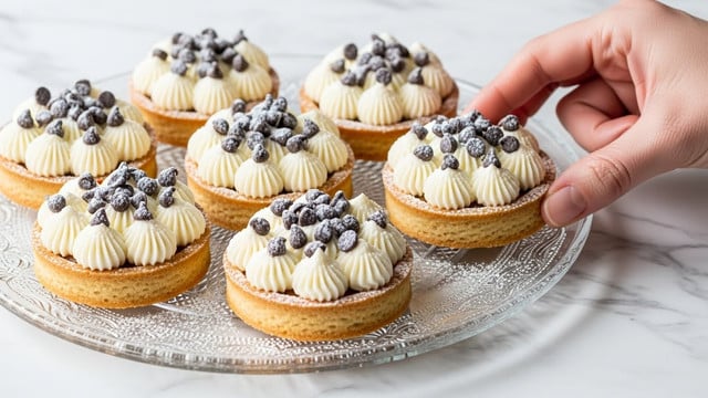 The image shows small round tartlets placed on a clear glass plate with a decorative edge, set on a white marbled surface. Each tartlet has a golden-brown crust and is filled with a creamy white filling that is topped with piped swirls of more creamy filling. The top is decorated with dark chocolate chips and lightly dusted with powdered sugar, giving a soft, snowy texture. A woman's hand is reaching towards one of the tartlets, ready to pick it up. Photo taken with an iphone --ar 4:5 --v 7
