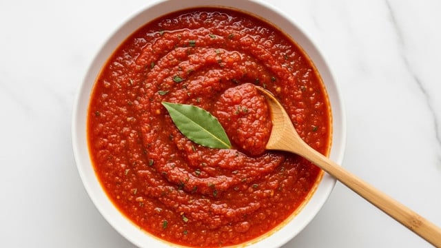 A white bowl filled with thick, chunky red tomato sauce that has visible small bits of herbs and spices mixed throughout, topped with a single green bay leaf in the center. A wooden spoon is partially dipped into the sauce on the right side of the bowl, resting on the edge. The bowl is set on a white marbled texture surface, giving a clean light background. Photo taken with an iphone --ar 4:5 --v 7
