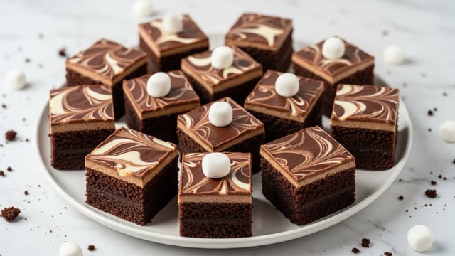 A white plate holds 16 square chocolate brownies arranged in a loose circle. Each brownie has two layers: a bottom dark brown chocolate cake layer and a top glossy chocolate layer swirled with white cream in marbled patterns. Half of the brownies are topped with one small white marshmallow placed in the center. The plate is set on a white marbled surface with scattered crumbs and a few marshmallows around. Photo taken with an iphone --ar 4:5 --v 7