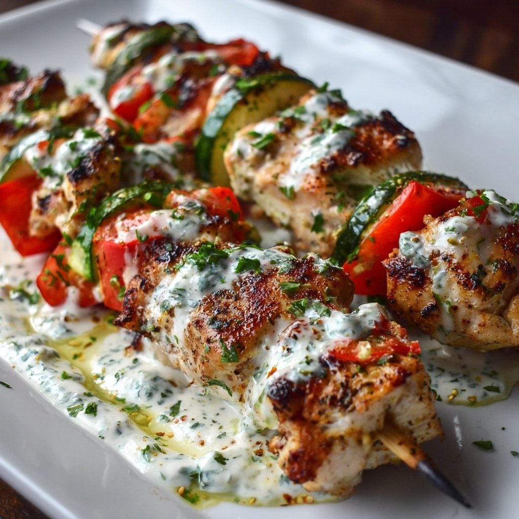 Pork Souvlaki with Cucumber-Yogurt Sauce and Grilled Peppers Recipe - Recipe Image
