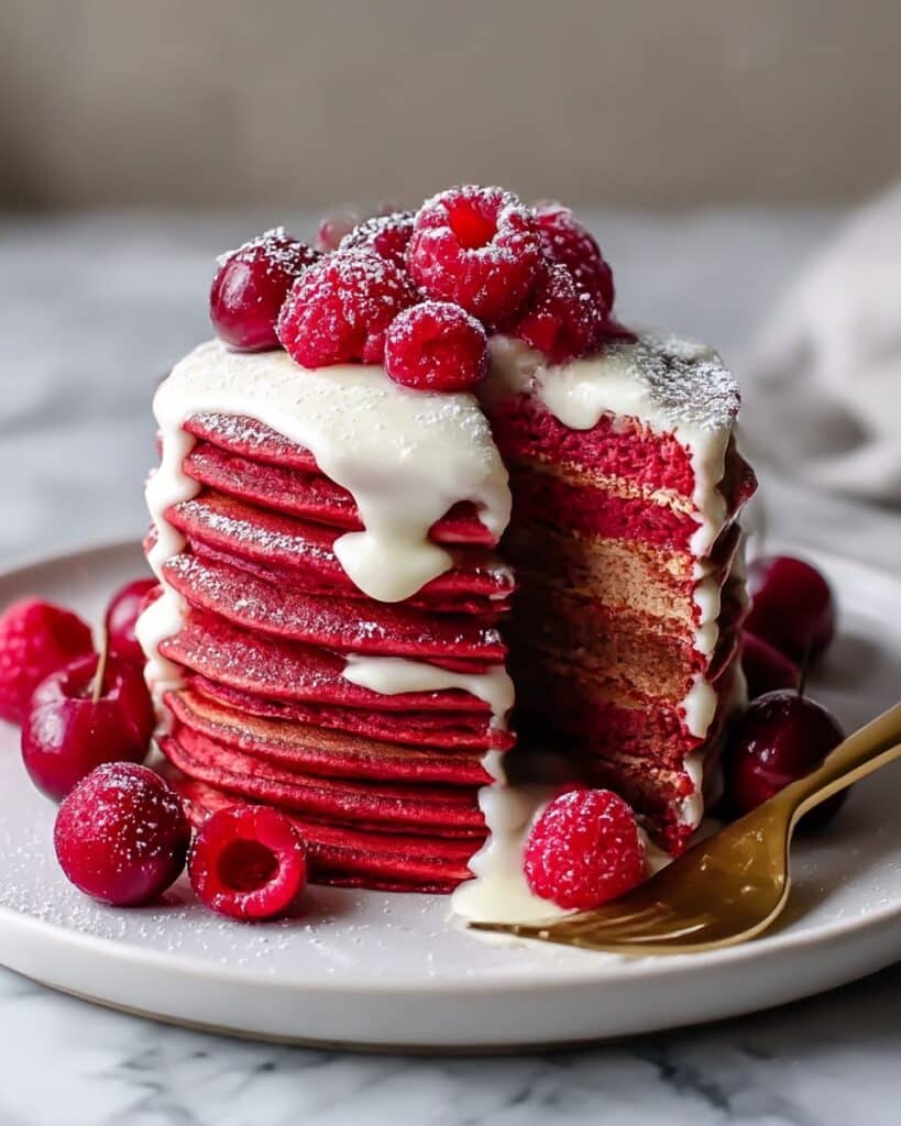 Fluffy Red Velvet Pancakes with Cream Cheese Glaze for a Romantic Brunch Recipe
