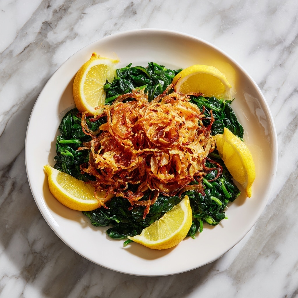 Dandelion Greens with Crispy Fried Onions and Lemon Recipe - Recipe Image