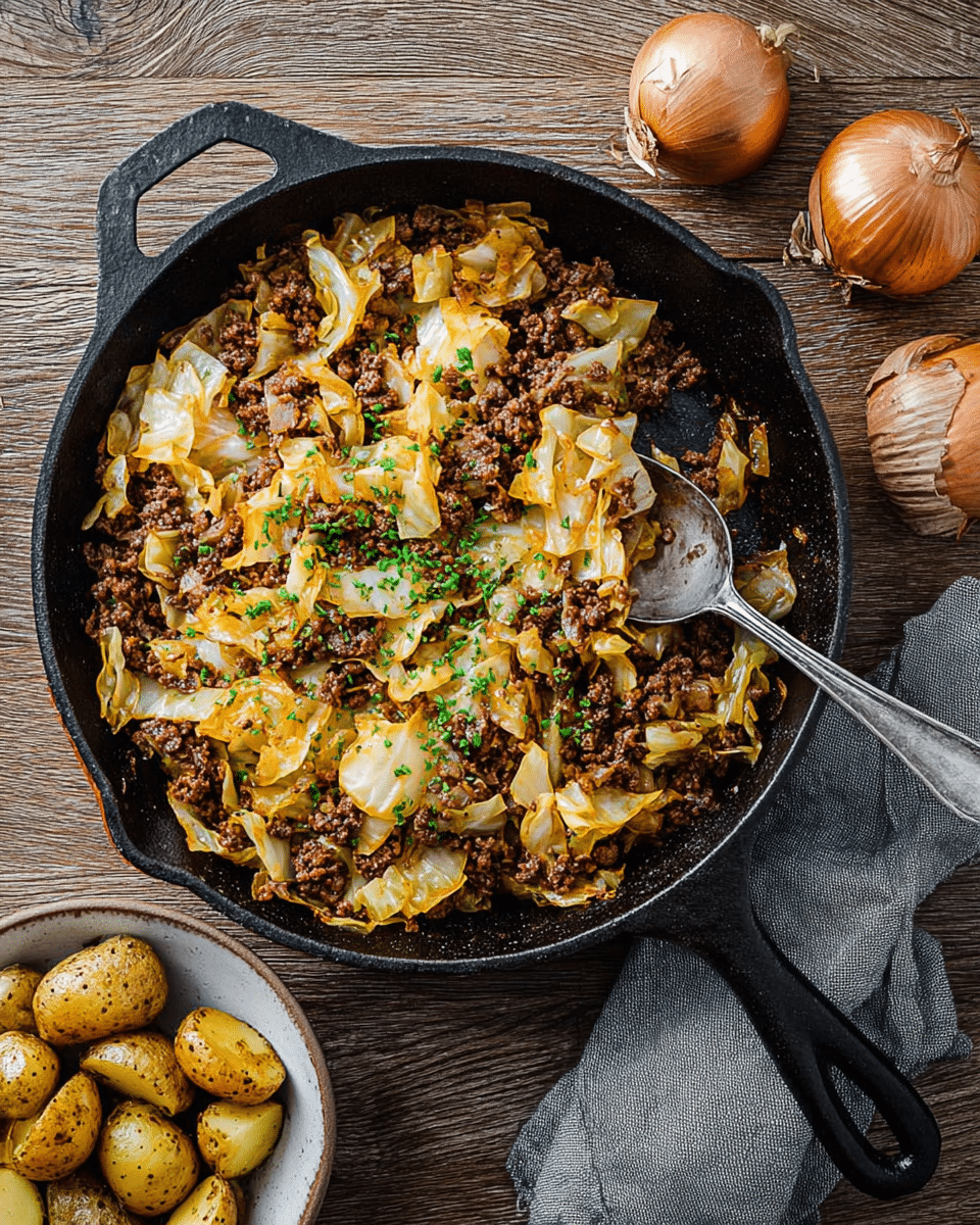 A black cast iron skillet filled with cooked cabbage and ground meat mixture, featuring pale yellow and light brown cabbage pieces mixed with darker brown cooked meat, topped with small green herb sprinkles, sitting on a wooden textured surface. A metal spoon is resting inside the skillet, partially covered by the food. To the right, there are three brown onions with papery skins on the wood surface next to a folded grey cloth napkin. Below the skillet, there is a white bowl filled with small roasted potatoes with golden and brown skins, some cut open showing a soft yellow inside. Photo taken with an iphone --ar 4:5 --v 7