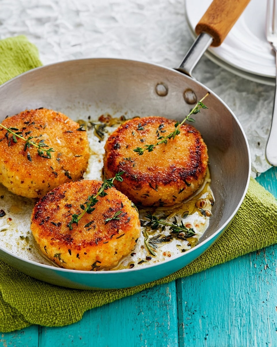 The image shows three golden brown patties in a silver pan with a wooden handle. Each patty is round, slightly thick, and has a crispy texture with small herbs and spices visible on the surface. Sprigs of green thyme are placed between the patties, adding a touch of fresh green color. The pan is sitting on a green cloth, which rests on a white marbled surface with a blue wooden texture background partially visible. Part of a white plate and a silver utensil are also seen in the upper right corner. Photo taken with an iphone --ar 4:5 --v 7
