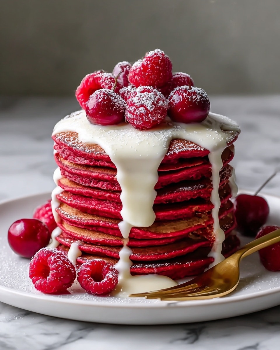 Fluffy Red Velvet Pancakes with Cream Cheese Glaze for a Romantic Brunch Recipe - Recipe Image