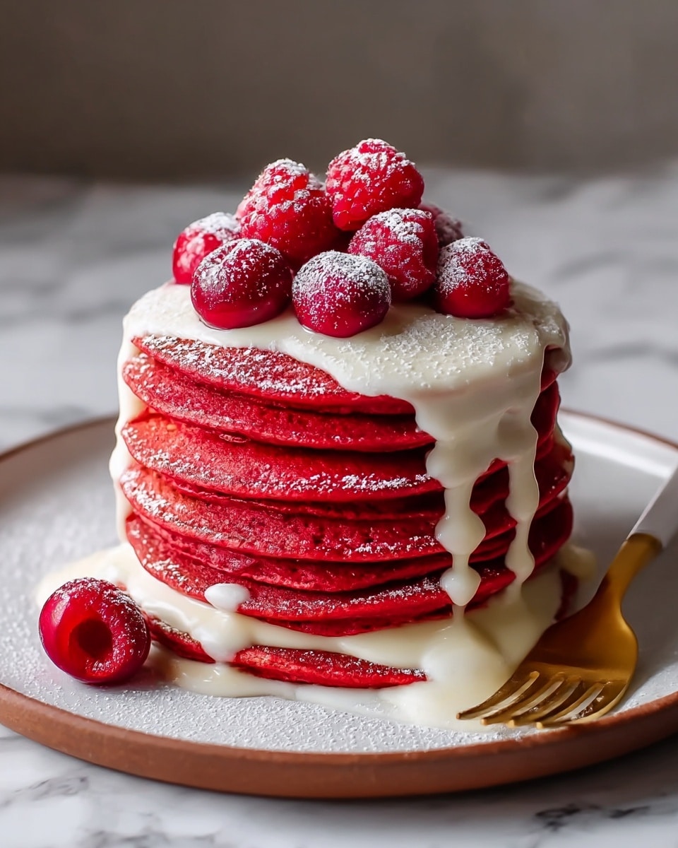 Fluffy Red Velvet Pancakes with Cream Cheese Glaze Recipe - Recipe Image