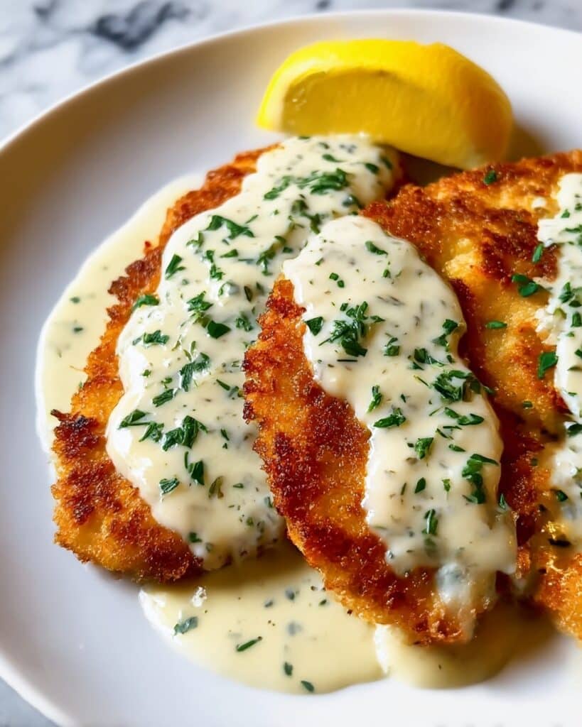 Lemon Pecorino Crusted Chicken with Creamy Lemon Sauce Recipe