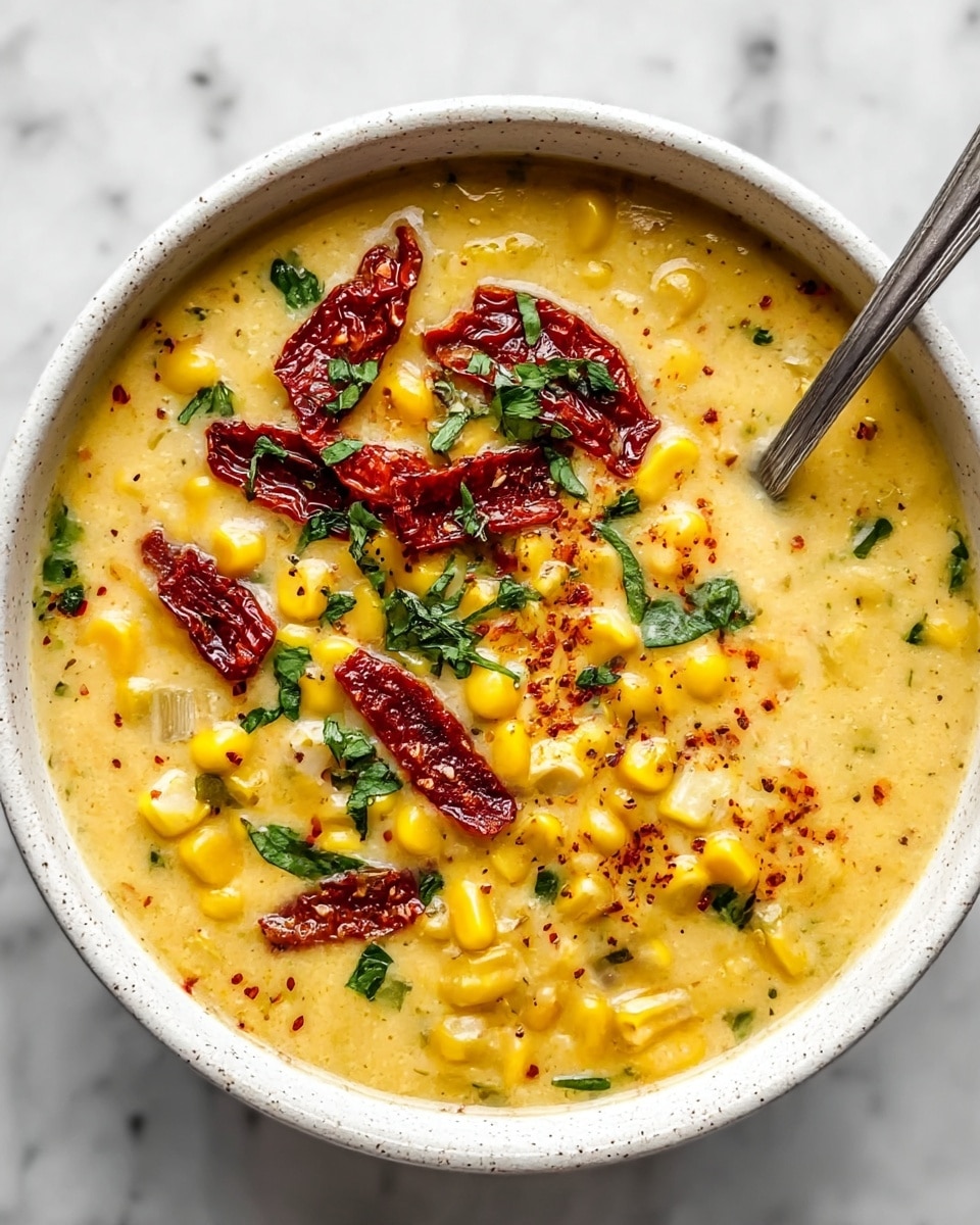 Sun Dried Tomato Corn Chowder with Goat Cheese Croutons Recipe - Recipe Image